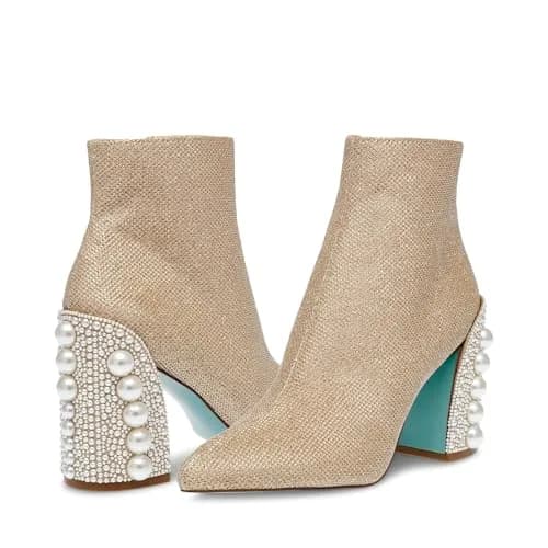 Betsey Johnson Kasey Fashion Boot, Gold, 5.5 | Pearl-Encrusted Heel & Ankle-High Style thumbnail 1