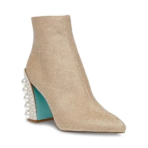 Betsey Johnson Kasey Fashion Boot, Gold, 5.5 | Pearl-Encrusted Heel & Ankle-High Style thumbnail 7