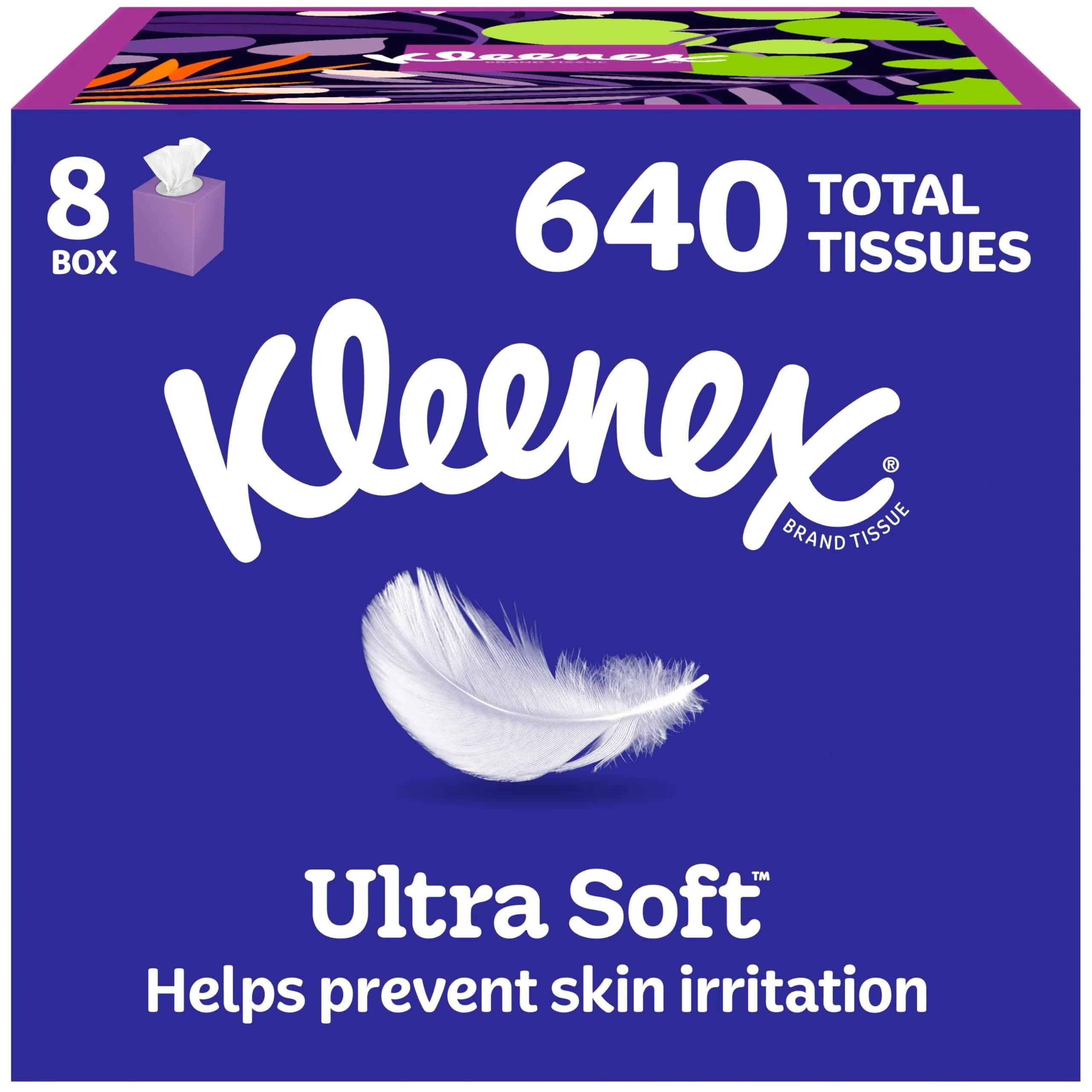 Kleenex Ultra Soft Facial Tissues Cube Boxes, 80 Tissues per Box (640 Total) | 3-Ply Softness for Sensitive Noses