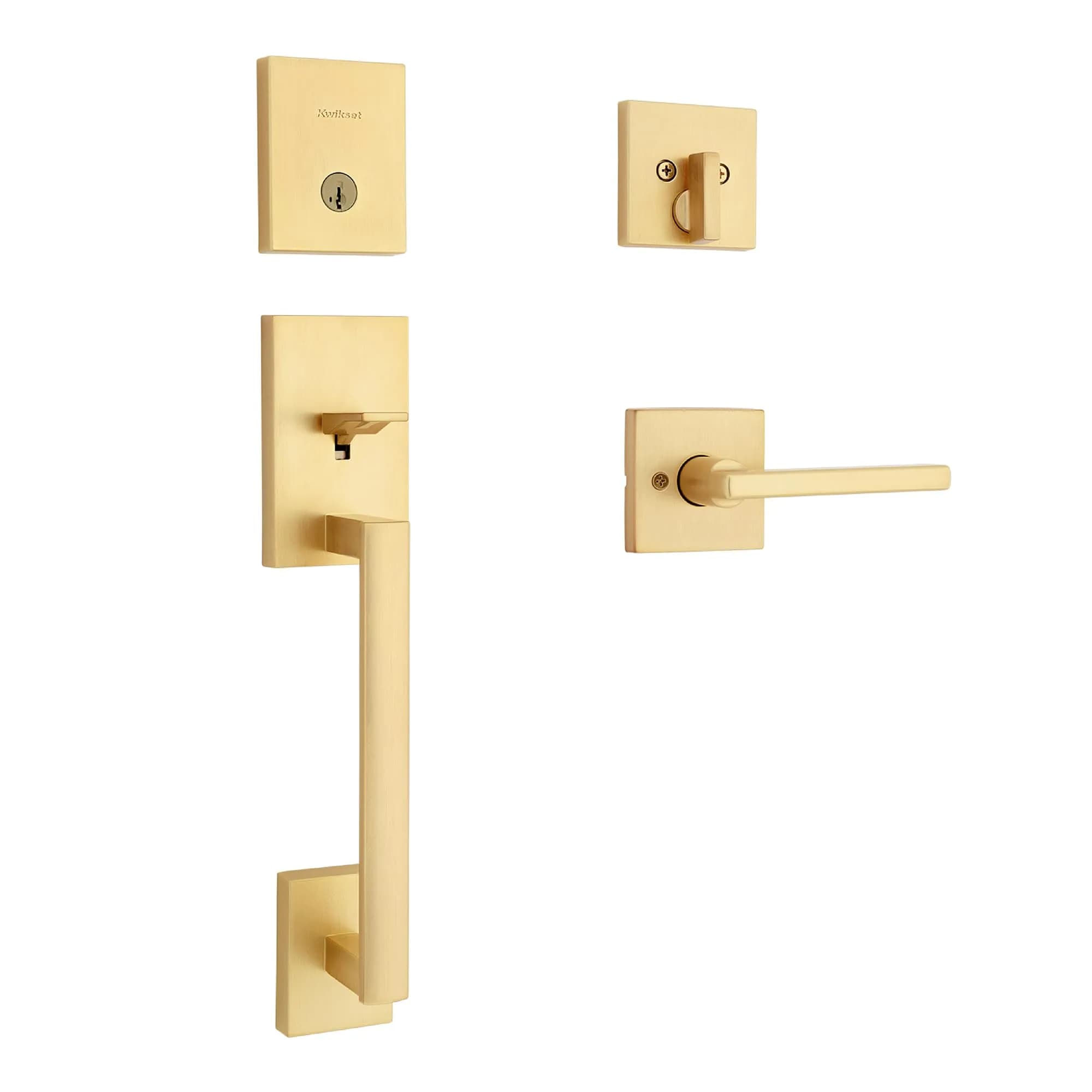 Kwikset San Clemente Entry Handleset with SmartKey Deadbolt, Satin Brass | Grade 1 BHMA Certified Security - main product image