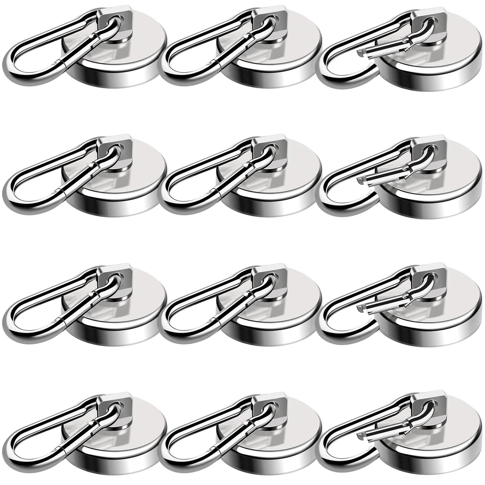 E BAVITE Heavy Duty Magnetic Hooks with Carabiner, 110 LBS Capacity, Black, 12 Pack | Industrial Grade Neodymium Magnets — Silver / 1.26in