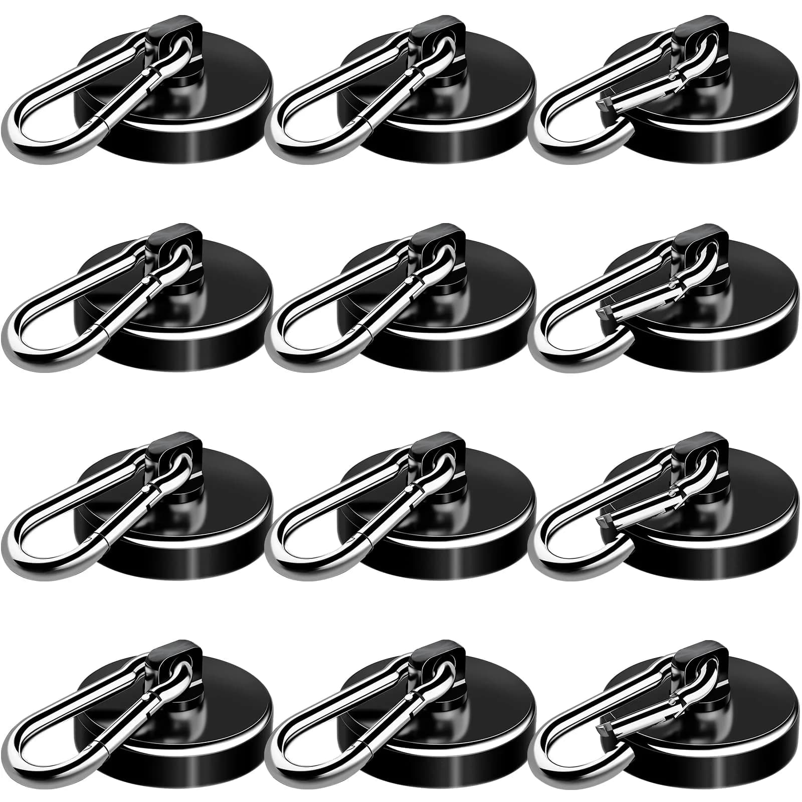 E BAVITE Heavy Duty Magnetic Hooks with Carabiner, 110 LBS Capacity, Black, 12 Pack | Industrial Grade Neodymium Magnets - main product image