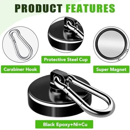 E BAVITE Heavy Duty Magnetic Hooks with Carabiner, 110 LBS Capacity, Black, 12 Pack | Industrial Grade Neodymium Magnets thumbnail 5