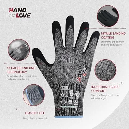 HandLove Cut Resistant Gloves XL | ANSI A7 Safety Work Gloves, Sandy Nitrile, Anti-Slip, Touchscreen, Durable, PFAS Free thumbnail 2