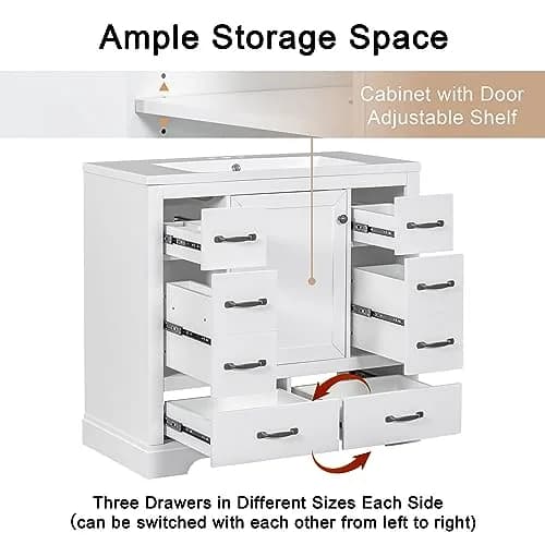 Brisca 36" Bathroom Vanity Without Sink | Modern White Freestanding Cabinet with 6 Drawers thumbnail 5