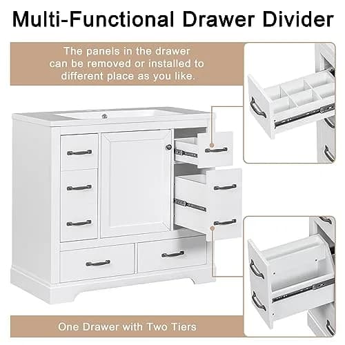 Brisca 36" Bathroom Vanity Without Sink | Modern White Freestanding Cabinet with 6 Drawers thumbnail 7