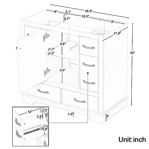Brisca 36" Bathroom Vanity Without Sink | Modern White Freestanding Cabinet with 6 Drawers thumbnail 3