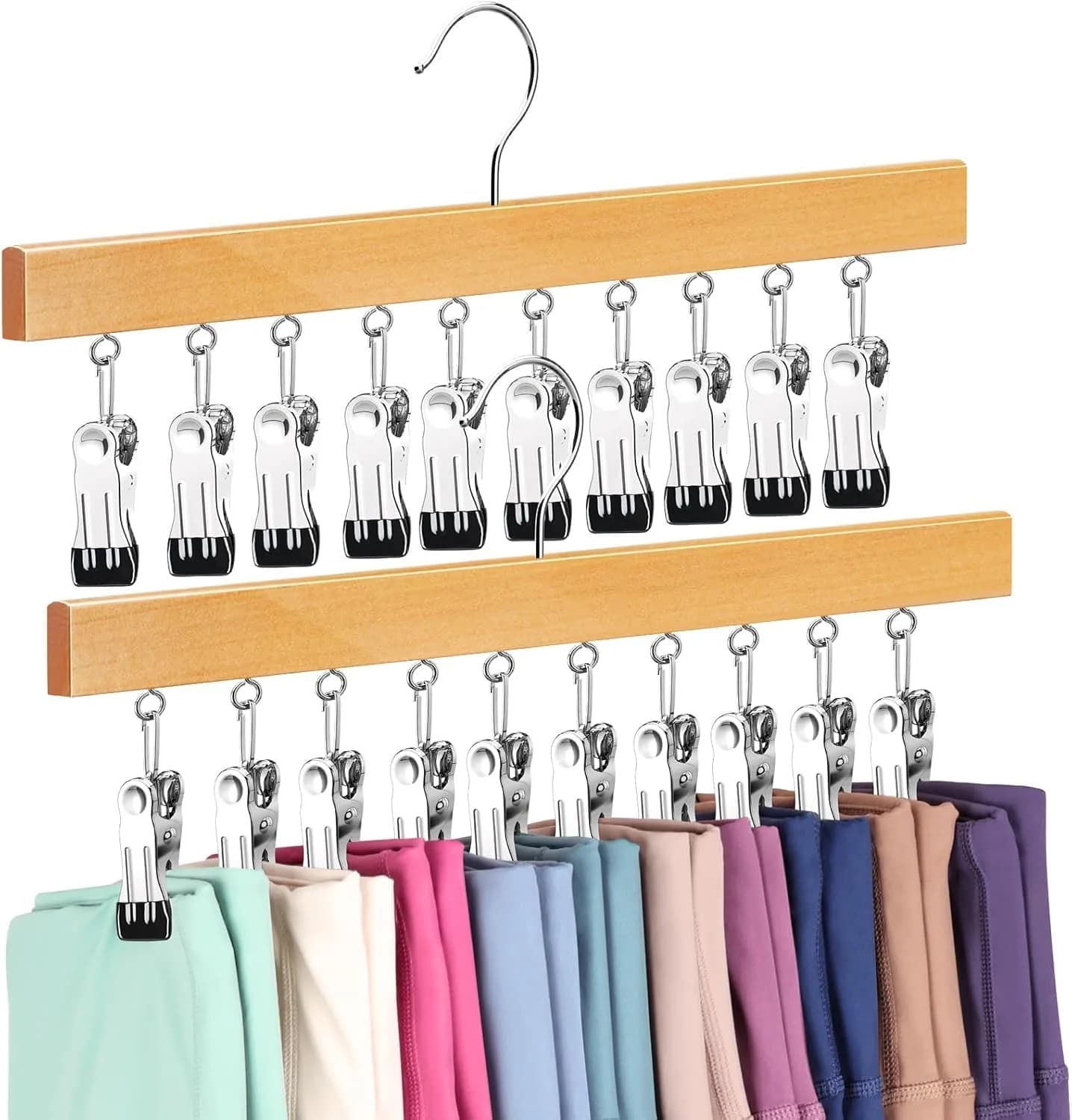 ORROENS Legging Organizer for Closet, 2 Pack Pants Hangers with Clips, 15.8in (40.1cm) Width — Natural