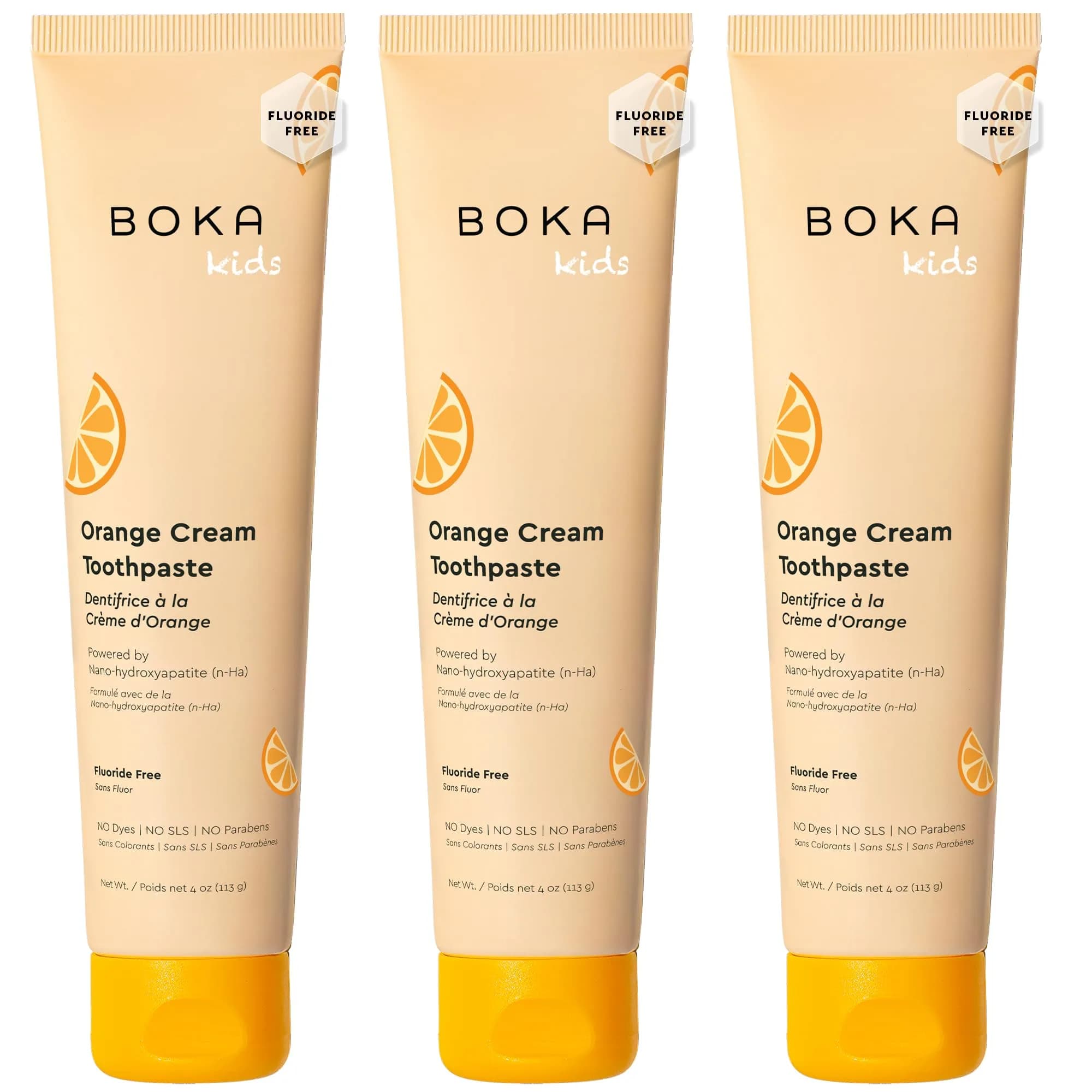 Boka Kids Toothpaste - Nano Hydroxyapatite Fluoride-Free Orange Cream 12oz (3 x 4oz Tubes) | Enamel Care for Ages 1+