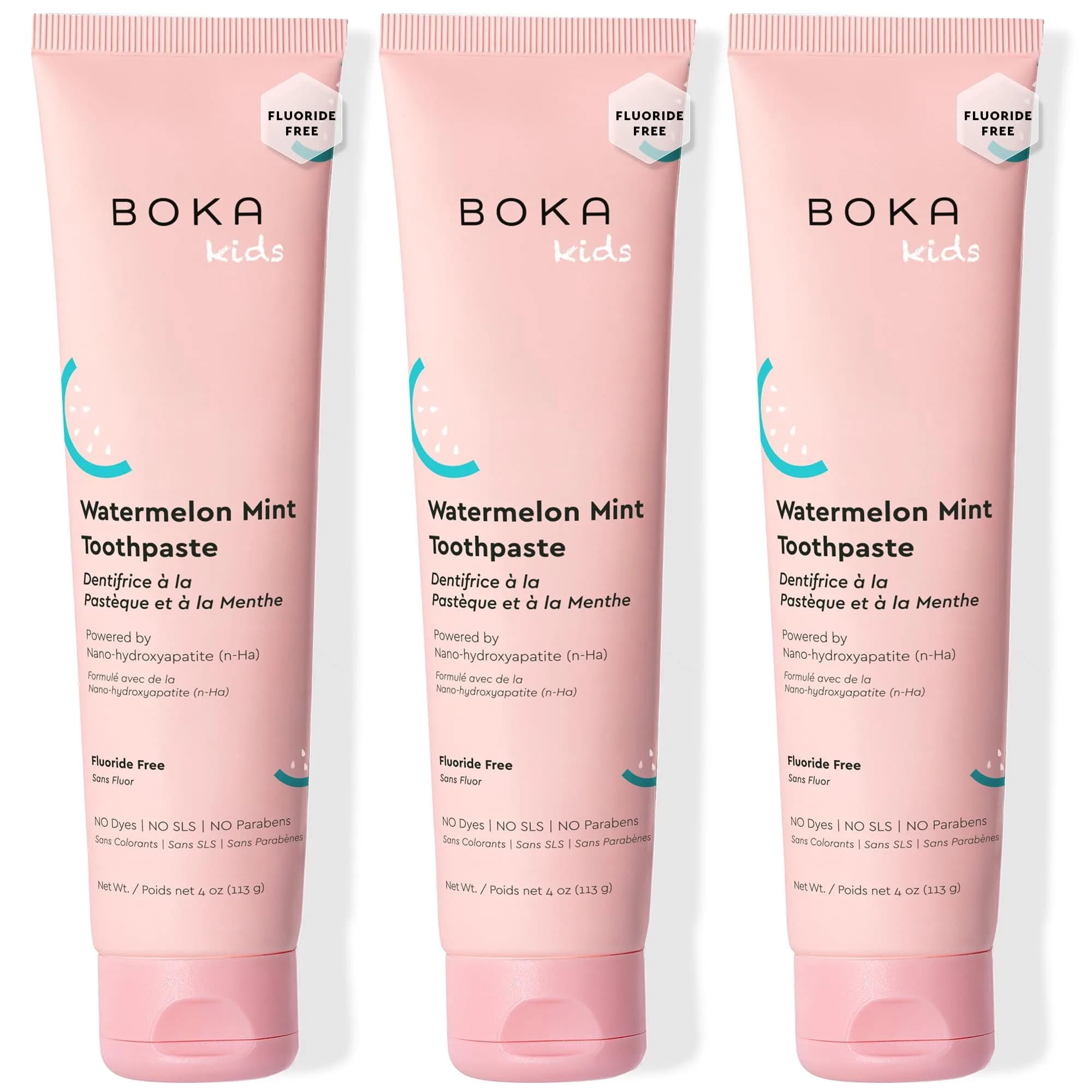 Boka Watermelon Mint Kids Toothpaste with Nano Hydroxyapatite, Fluoride Free 12oz (3 x 4oz Tubes) | Enamel Care for Ages 1+