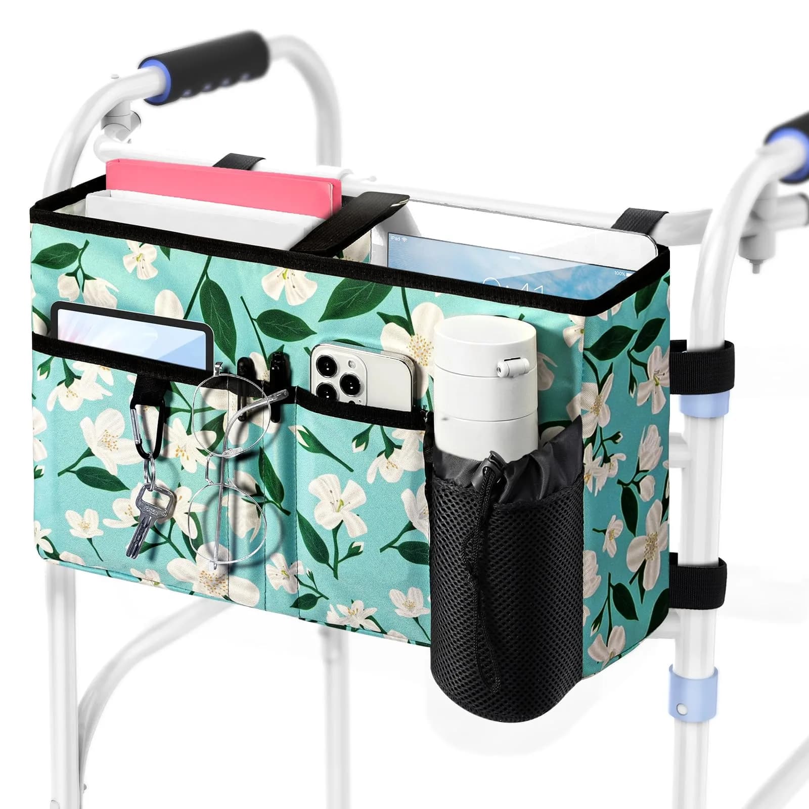 Rhino Valley Walker Basket with Cup Holder | Foldable Walker Bag for Seniors, Durable Polyester, Fits Most Walkers — C Cyan Lily / Big