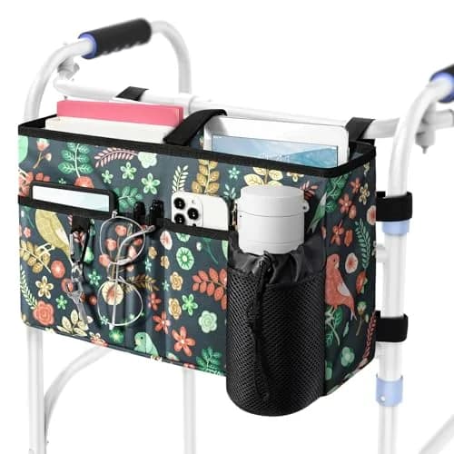 Rhino Valley Walker Basket with Cup Holder | Foldable Walker Bag for Seniors, Large Capacity, Adjustable Velcro Straps thumbnail 1