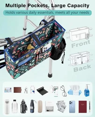 Rhino Valley Walker Basket with Cup Holder | Foldable Walker Bag for Seniors, Large Capacity, Adjustable Velcro Straps thumbnail 2