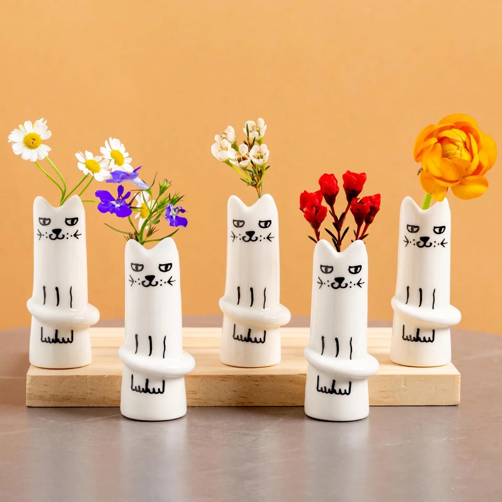 MOUGIGI Mini Vase 1.18 inches Ceramic Japanese Onigiri Rice Ball | Handmade, Cute Home Decor — 5 Pcs Cat Vase