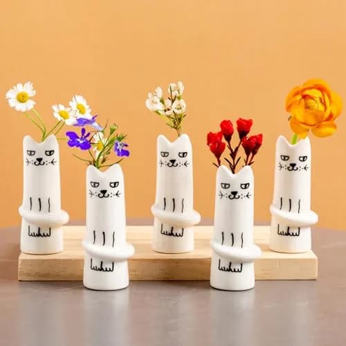 MOUGIGI Set of 5 Cat Flower Vase Bud Ceramic Small Cute Mini Handmade Decor | Unique Cat Flower Vases for Home & Gift thumbnail 1