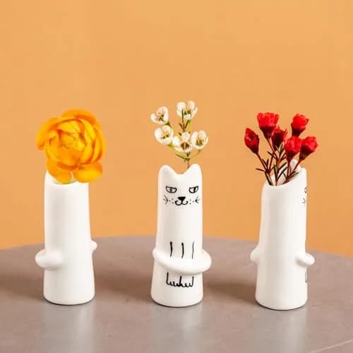 MOUGIGI Set of 3 Cat Flower Vase Bud Ceramic Mini Handmade Tiny Vases | Whimsical Home Decor thumbnail 3