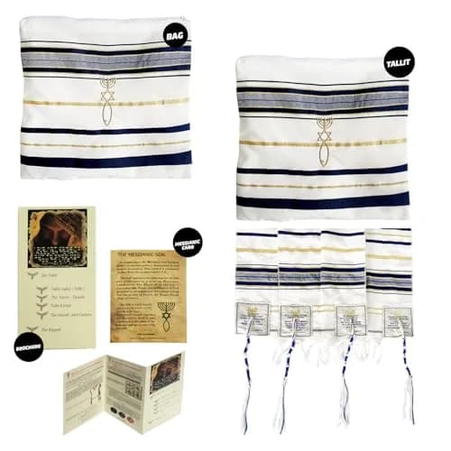 Holy Land Market Unisex Messianic Tallit Prayer Shawl Dark Blue 183cm x 56cm (72 x 22 in) | New Covenant Design with Bag thumbnail 9