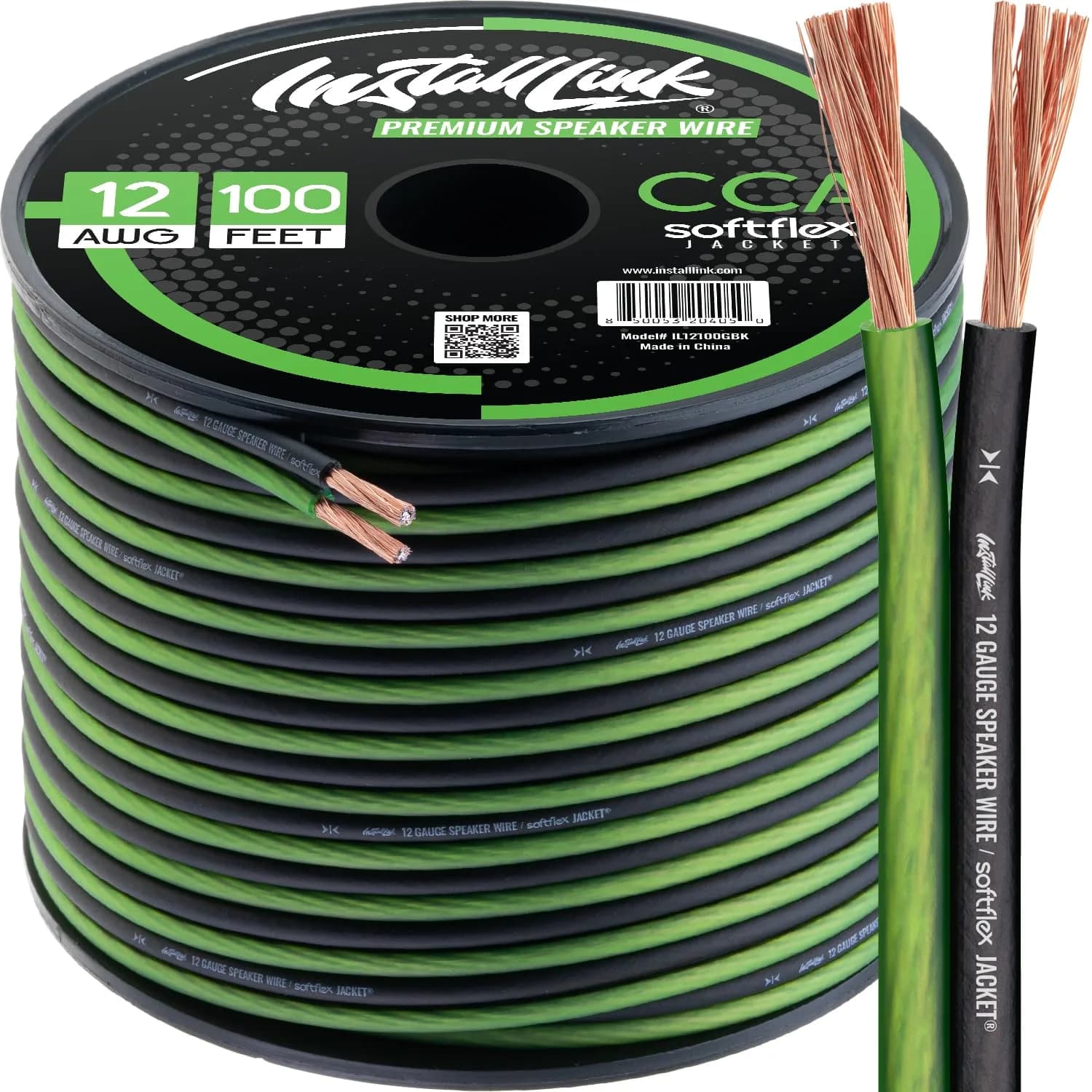 Install Link 12 AWG Gauge Speaker Wire Cable 100 Feet (30.5m) | Premium CCA for Home Theater & Car Audio — Frosted Green/Black