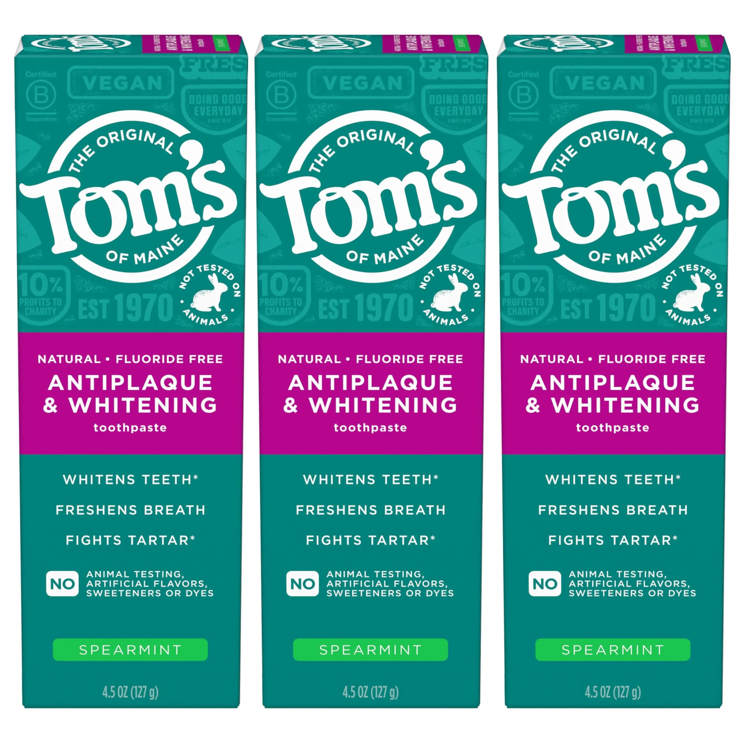 Tom's of Maine Antiplaque and Whitening Toothpaste, Peppermint, 2 x 156g (5.5 oz) | Fluoride-Free Natural Whitening — Spearmint