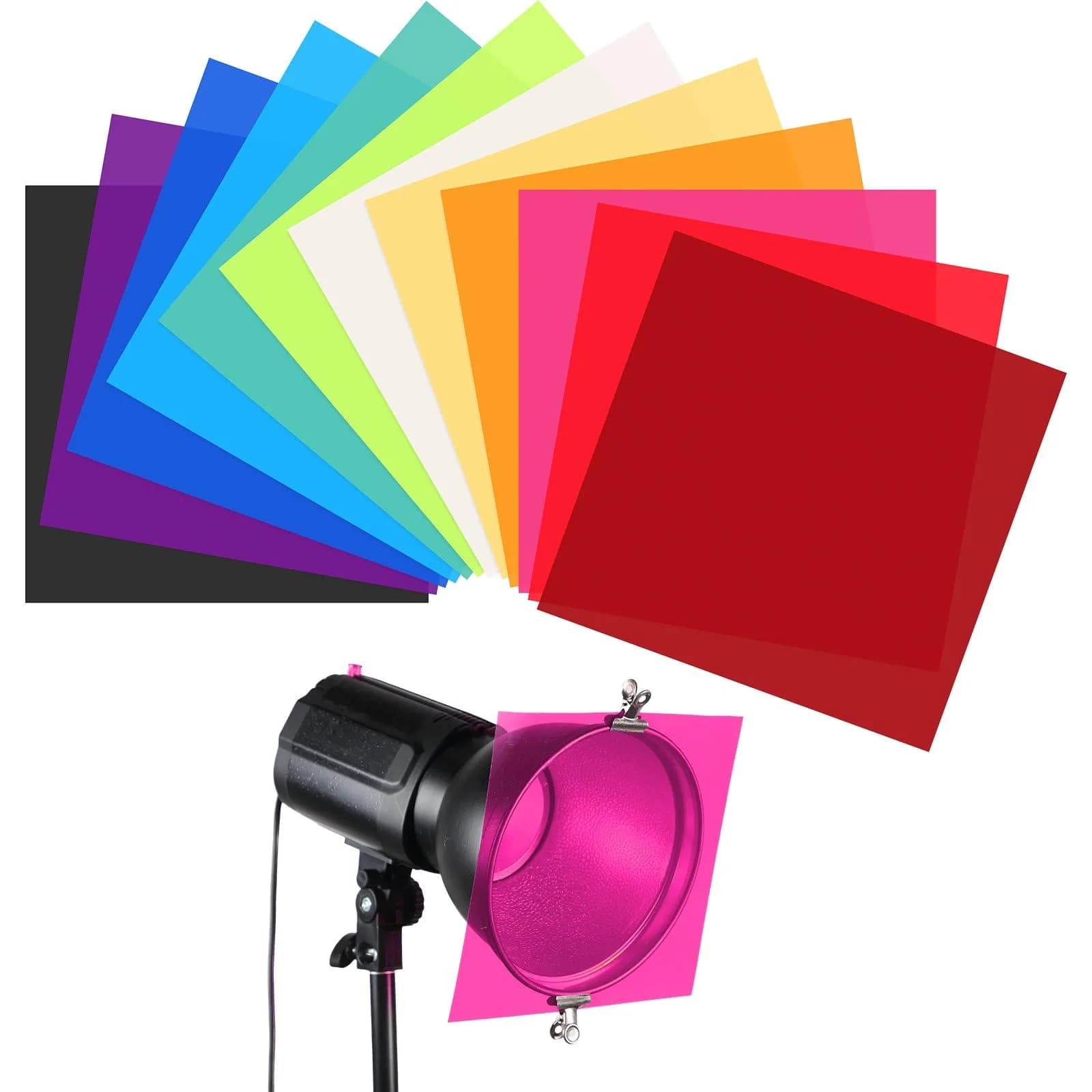 Barydat 12 Pcs Colored Gel Light Filter Set 30x30cm (12x12 Inch) | For Photography & Stage Lighting