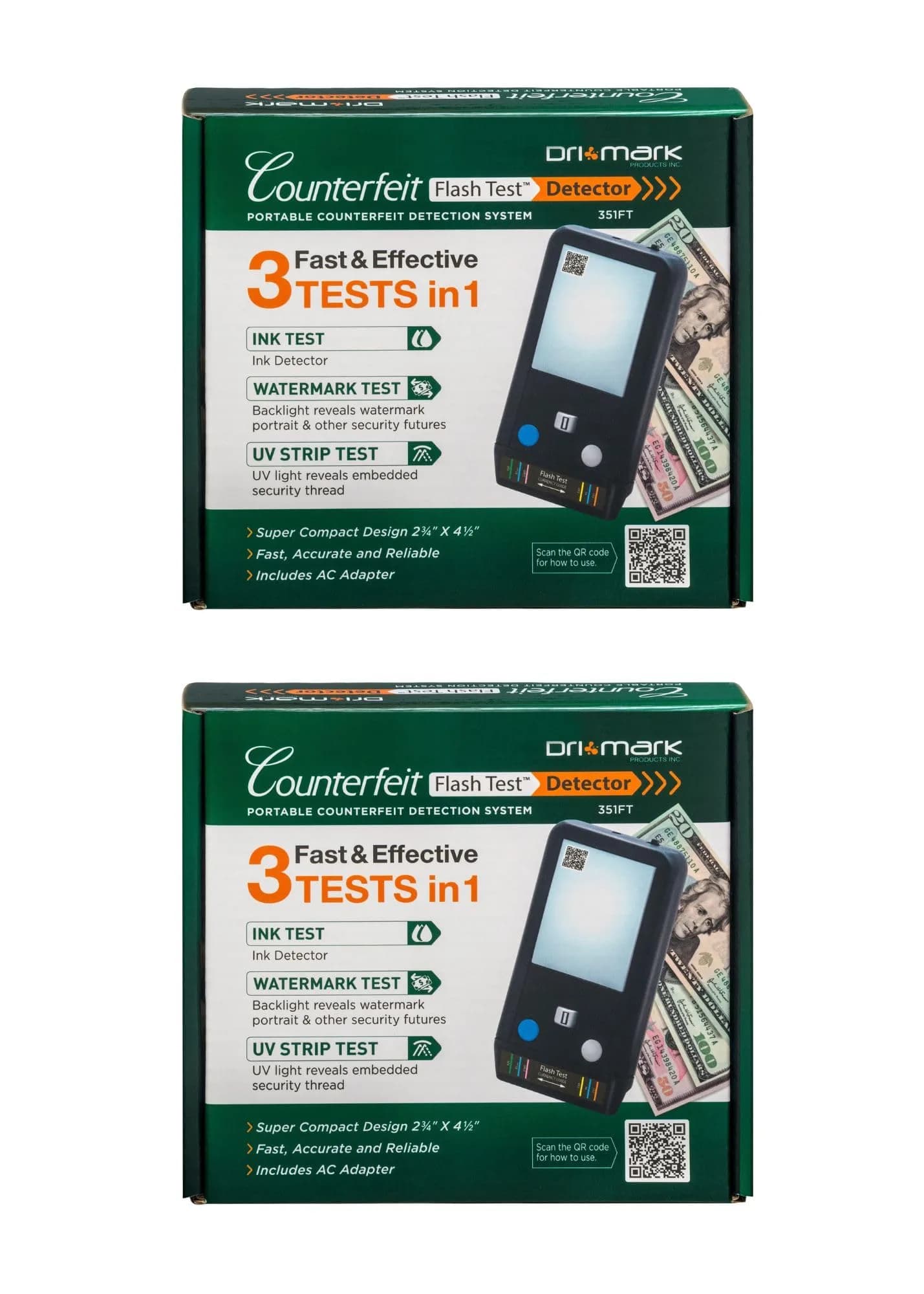 Dri Mark Counterfeit Bill Detector 2 Pack | Fast Watermark, Ink & UV Tests for Retail (100-120c) - main product image