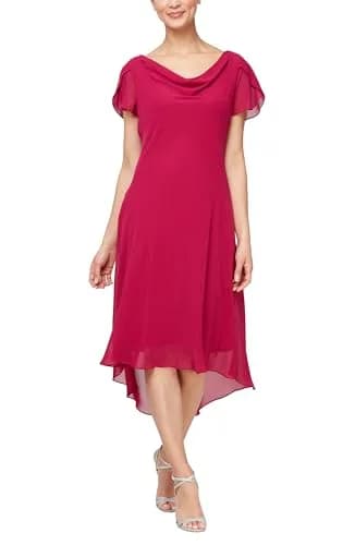 S.L. Fashions Women's Midi Cowl Neck Dress with Flutter Sleeve and Embellishment at Shoulder, Raspberry, 14 | Elegant Evening & Special Occasion Wear thumbnail 1