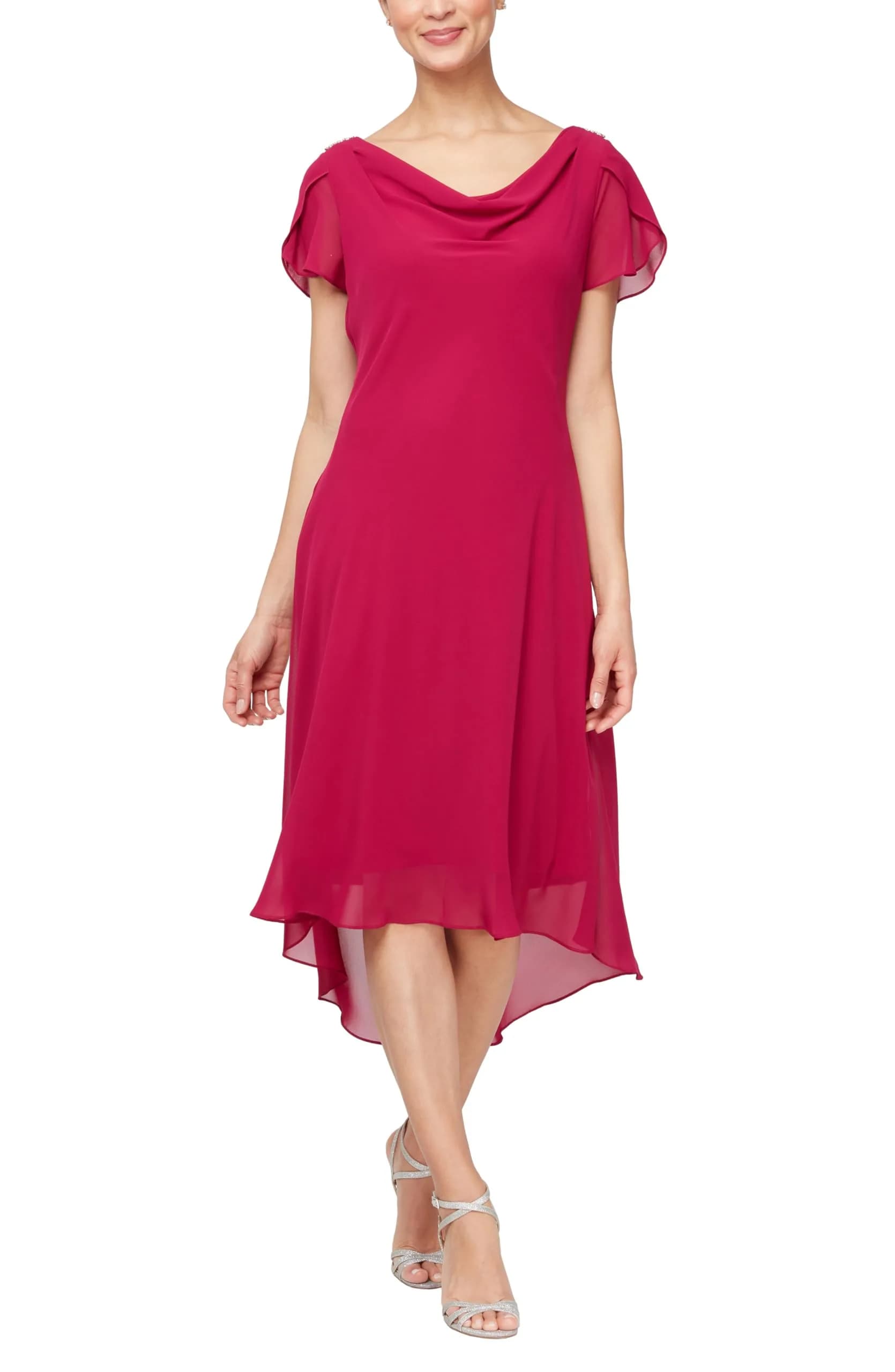 S.L. Fashions Women's Midi Cowl Neck Dress with Flutter Sleeve and Embellishment at Shoulder, Raspberry, 8 | Elegant, Lightweight Chiffon