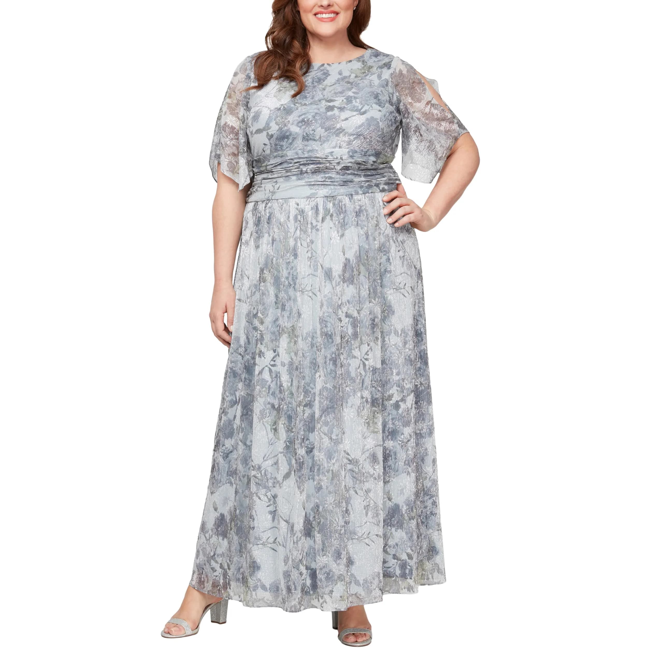S.L. Fashions Women's Plus Size Long A-line Gown w/Flutter Sleeves & Ruched Waist | Elegant Wedding & Party Dress in Silver Multi - main product image