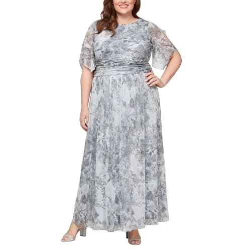 S.L. Fashions Women's Plus Size Long A-line Gown w/Flutter Sleeves & Ruched Waist | Elegant Wedding & Party Dress in Silver Multi thumbnail 1