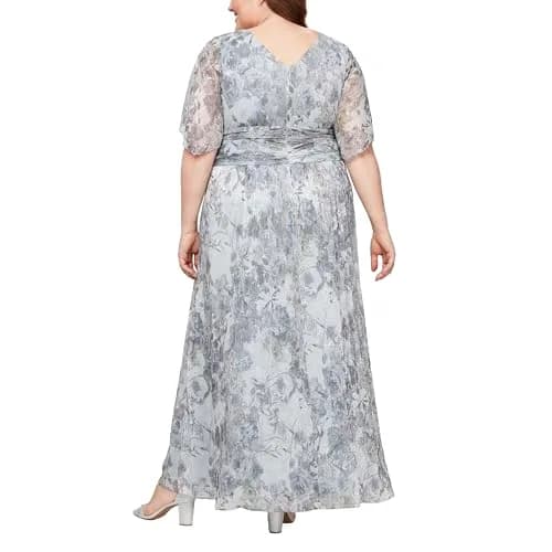 S.L. Fashions Women's Plus Size Long A-line Gown w/Flutter Sleeves & Ruched Waist | Elegant Wedding & Party Dress in Silver Multi thumbnail 2