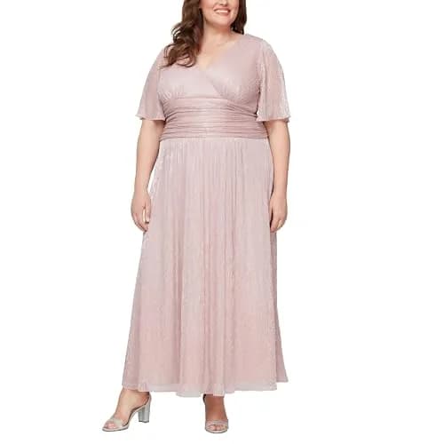 S.L. Fashions Women's Plus Size Long Mother of the Bride Dress with Ruched Waist, Faded Rose, 16W | Elegant Evening Gown with Flutter Sleeves thumbnail 1