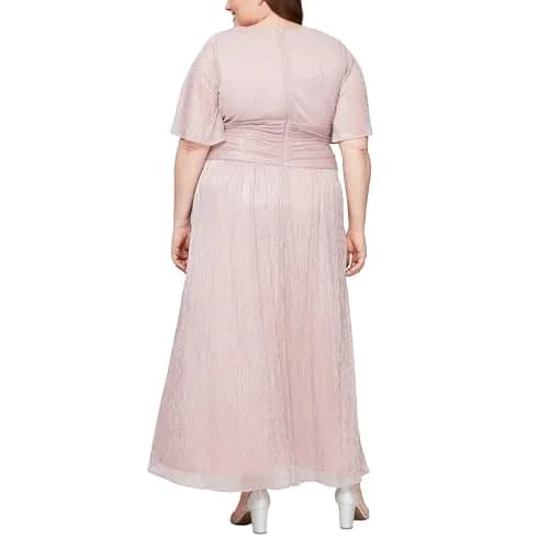S.L. Fashions Women's Plus Size Long Mother of the Bride Dress with Ruched Waist, Faded Rose, 16W | Elegant Evening Gown with Flutter Sleeves thumbnail 2