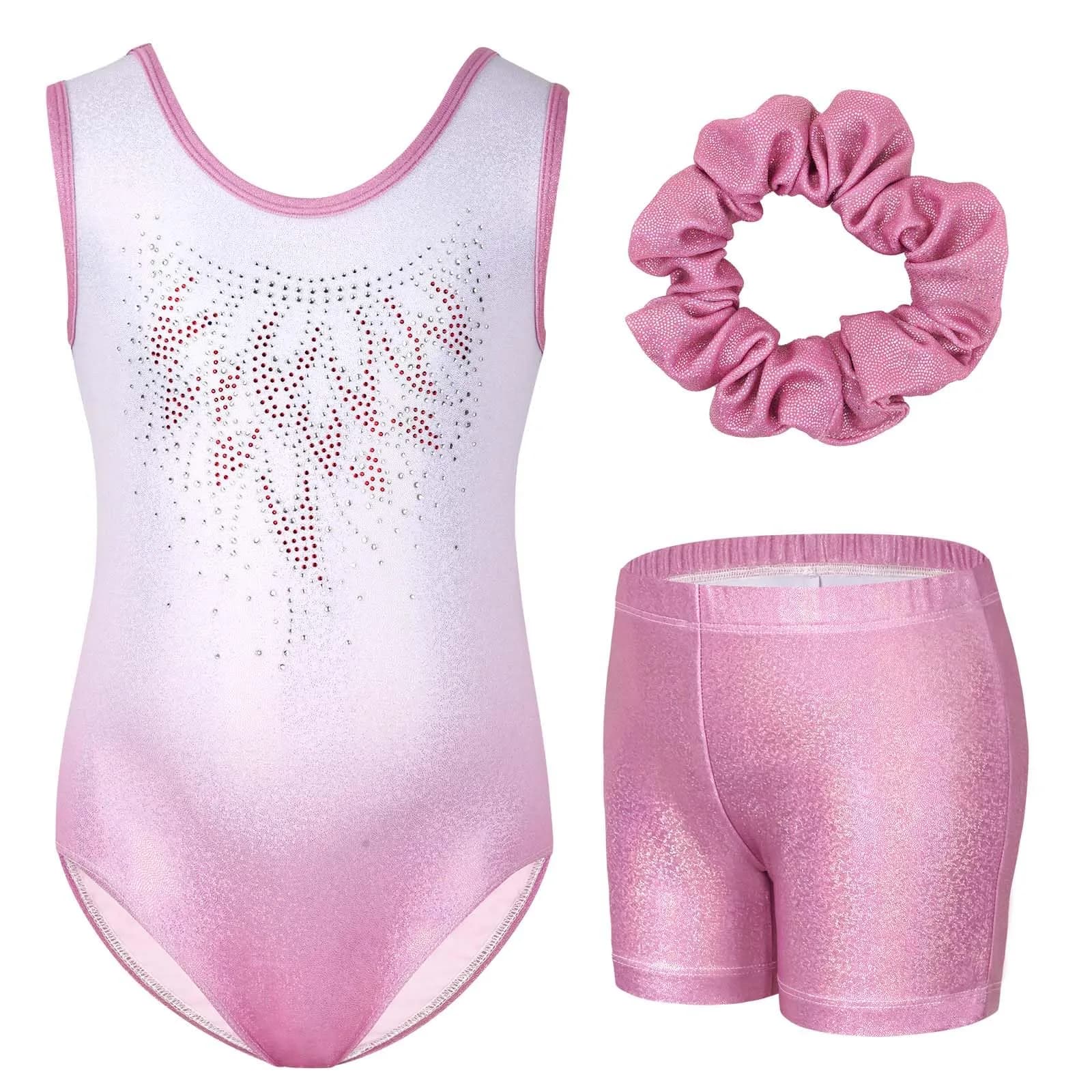 Gogokids Girls Sleeveless Sparkly Gymnastics Leotard Set with Shorts & Hairband, 9-10 Years (Pink Gradient) — Pink Gradient