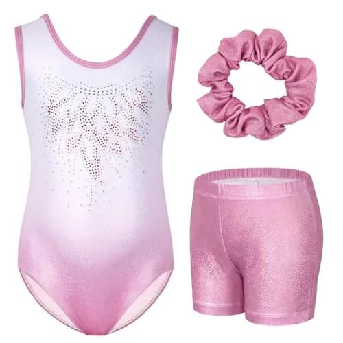 Gogokids Girls Sleeveless Sparkly Gymnastics Leotard Set with Shorts & Hairband, Pink Gradient (5-6 Years) thumbnail 1