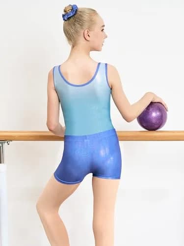 Gogokids Girls Sleeveless Sparkly Gymnastics Leotard Set with Shorts & Hairband (Blue Gradient, 8-9 Years) thumbnail 8
