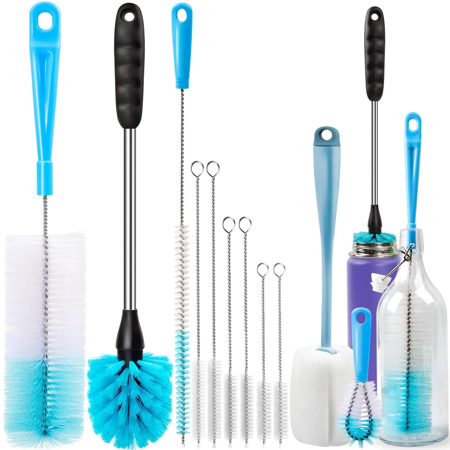 Holikme Bottle Brush Tube Cleaning Lab Set with Long Handle | 11 Pack, Long Handle for Narrow Bottles & Decanters — Azul
