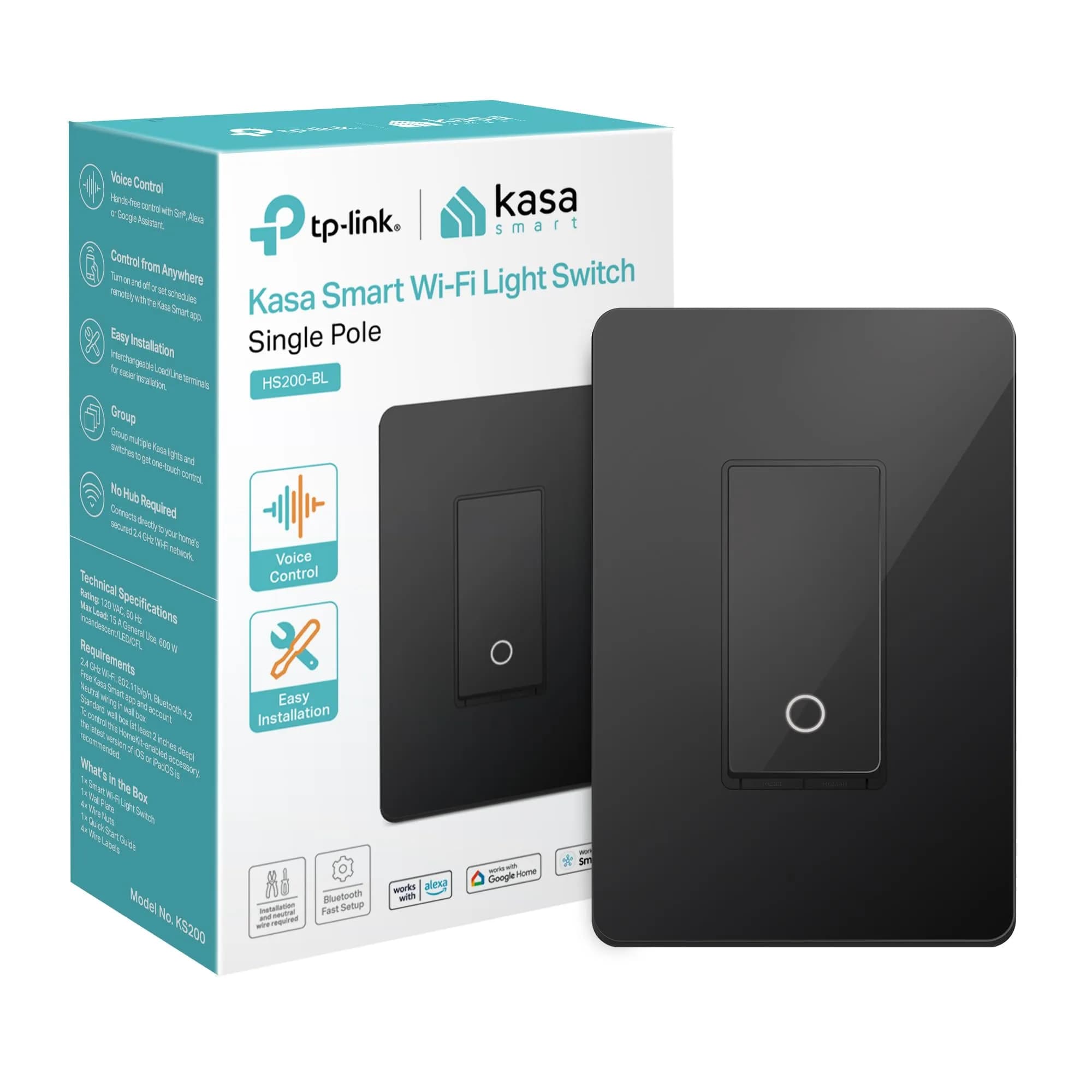 Kasa Smart HS200 Single-Pole Light Switch, 15A 120V | Control Lights Remotely via Wi-Fi & Voice — Black / Single-Pole