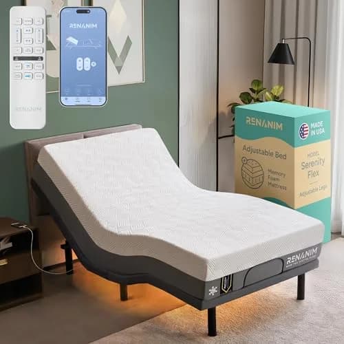 Renanim Twin XL Adjustable Bed Frame & 12" Cooling Gel Memory Foam Mattress | Zero Gravity, Massage, USB Ports thumbnail 1
