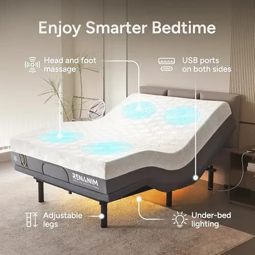 Renanim Twin XL Adjustable Bed Frame & 12" Cooling Gel Memory Foam Mattress | Zero Gravity, Massage, USB Ports thumbnail 5