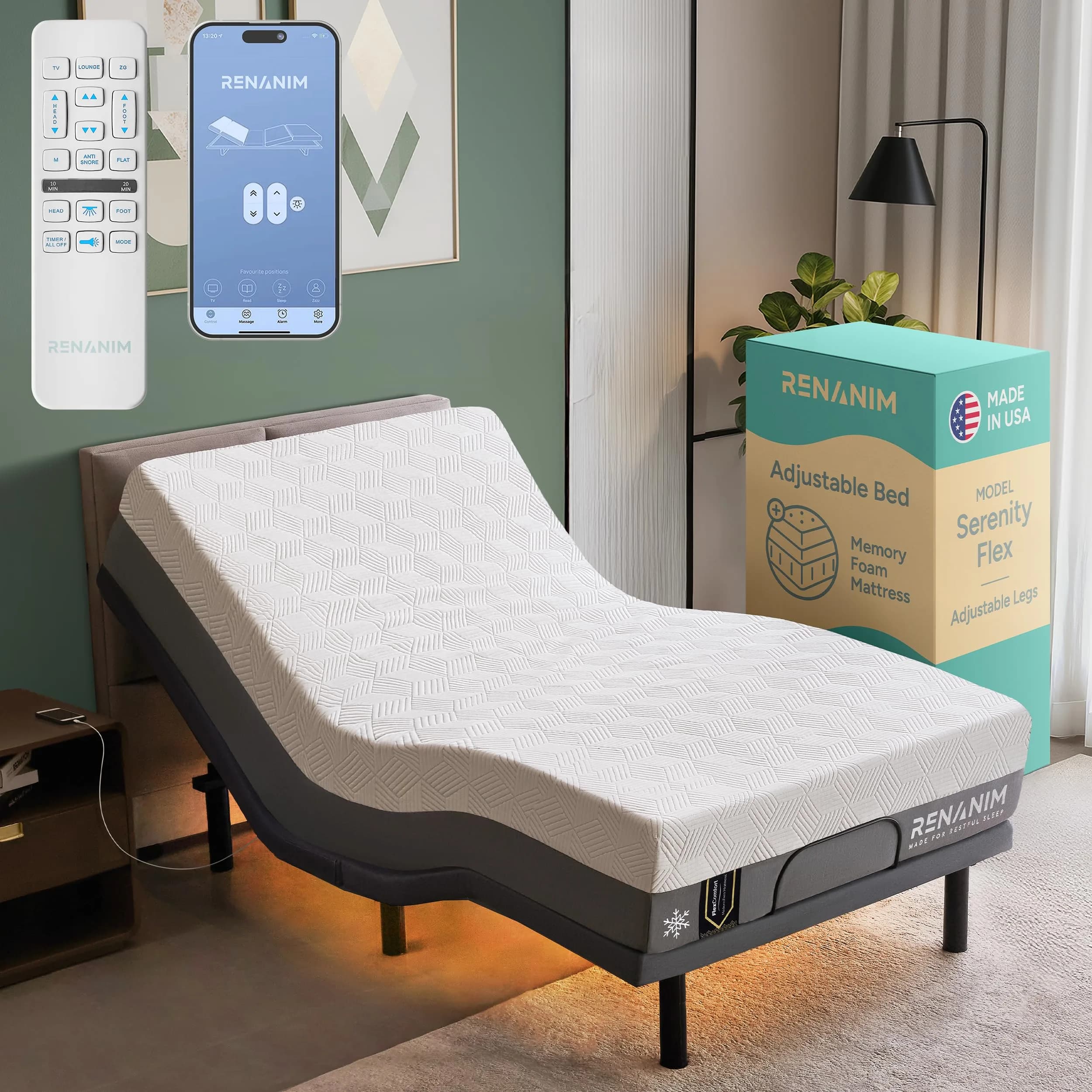 Renanim Twin XL Adjustable Bed Frame & 12" Cooling Gel Memory Foam Mattress | Zero Gravity, Massage, USB Ports - main product image