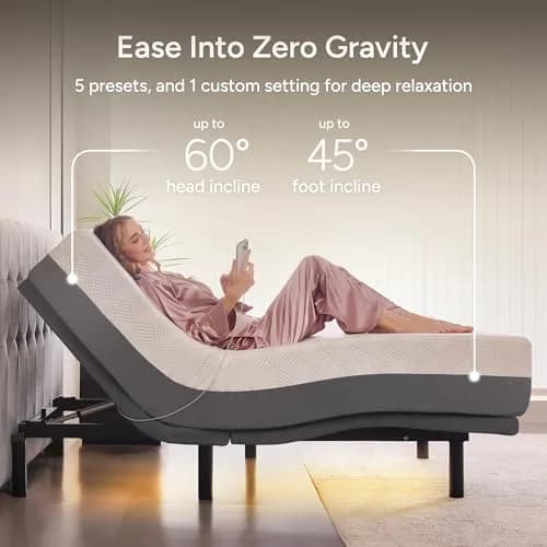Renanim Twin XL Adjustable Bed Frame & 12" Cooling Gel Memory Foam Mattress | Zero Gravity, Massage, USB Ports thumbnail 3