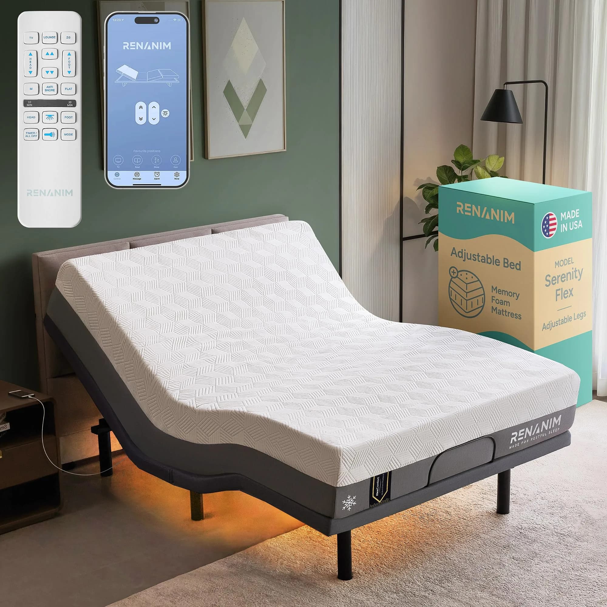 Renanim Twin XL Adjustable Bed Frame & 12" Cooling Gel Memory Foam Mattress | Zero Gravity, Massage, USB Ports — Full Size
