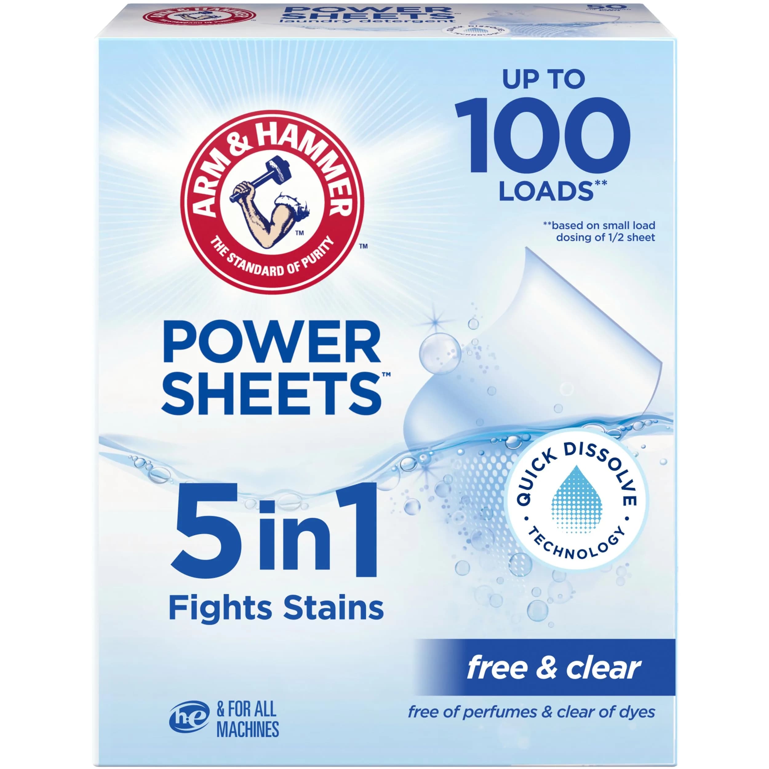 ARM & HAMMER 5in1 Power Sheets Laundry Detergent Free & Clear 50 Count | Dermatologist Tested & Eco-Friendly