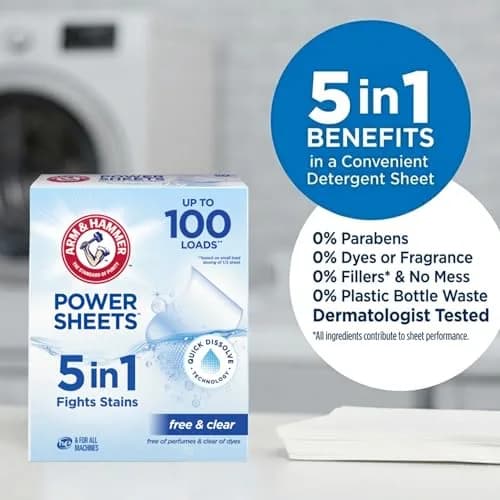 ARM & HAMMER 5in1 Power Sheets Laundry Detergent Free & Clear 50 Count | Dermatologist Tested & Eco-Friendly thumbnail 2