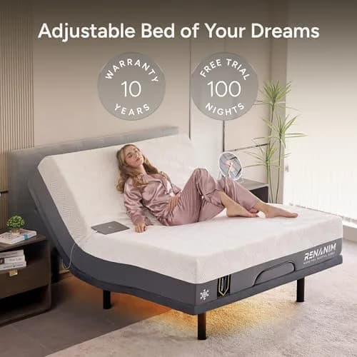 Renanim TwinXL Adjustable Bed Frame with Mattress | 12" Hybrid Memory Foam, Zero Gravity, Massage, USB Ports thumbnail 2