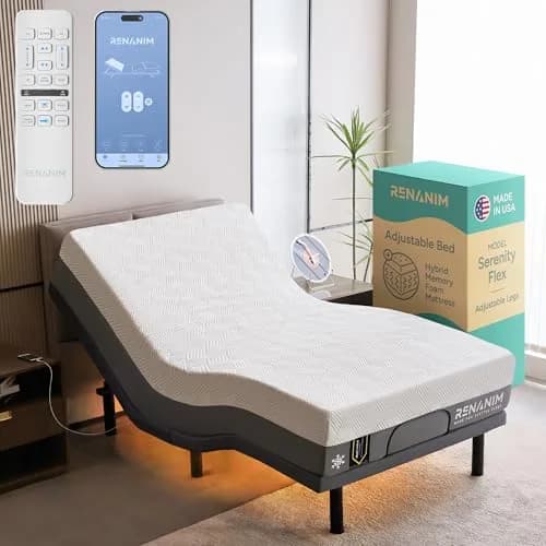 Renanim Twin XL Adjustable Bed Frame with Mattress | 14" Hybrid Memory Foam & Massage thumbnail 1