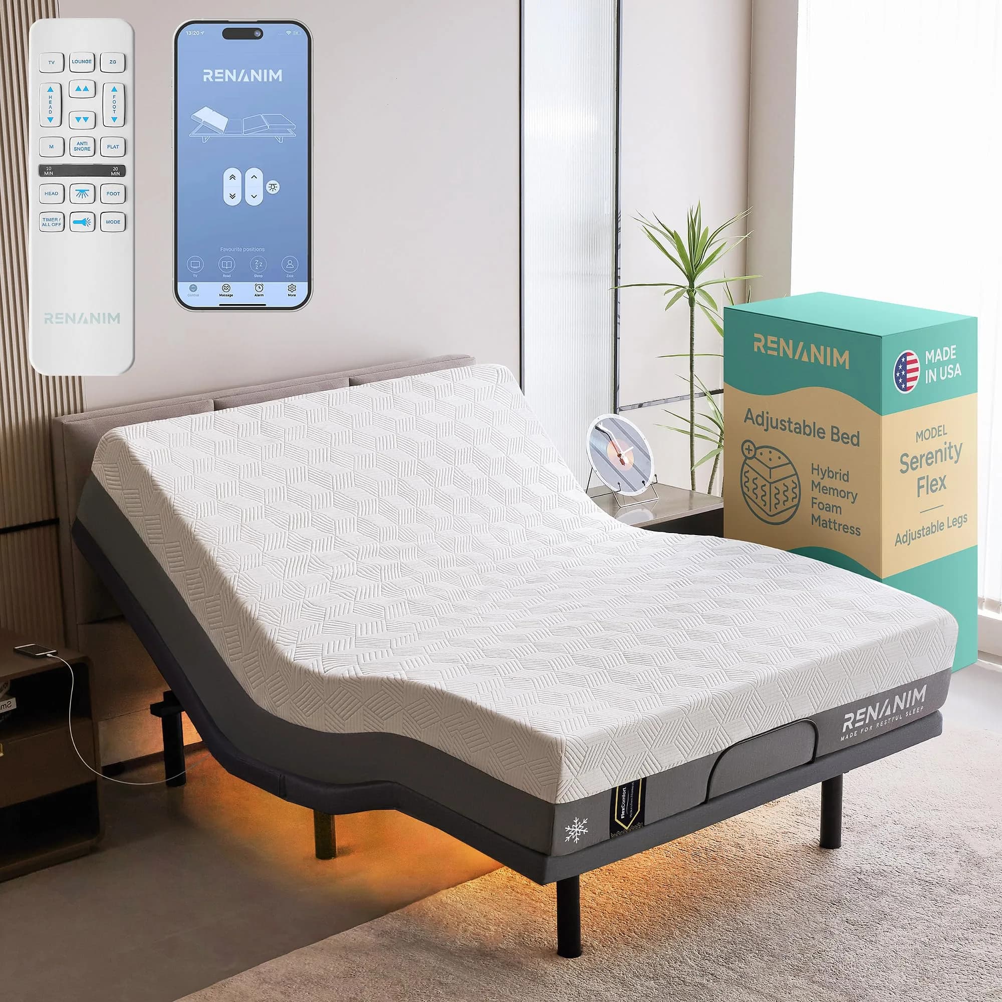 Renanim Queen Adjustable Bed Frame with Mattress | 14" Hybrid Memory Foam, Zero Gravity, Massage, Wireless Remote - main product image