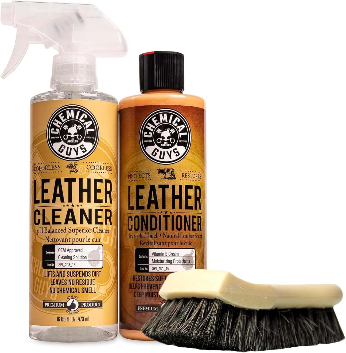 Chemical Guys Leather Cleaner & Conditioner Kit Travel Size 2 x 4 fl oz | pH-Balanced Auto & Home Leather Care — 10.67 Fl Oz / 16 Fl Oz KIT + BRUSH