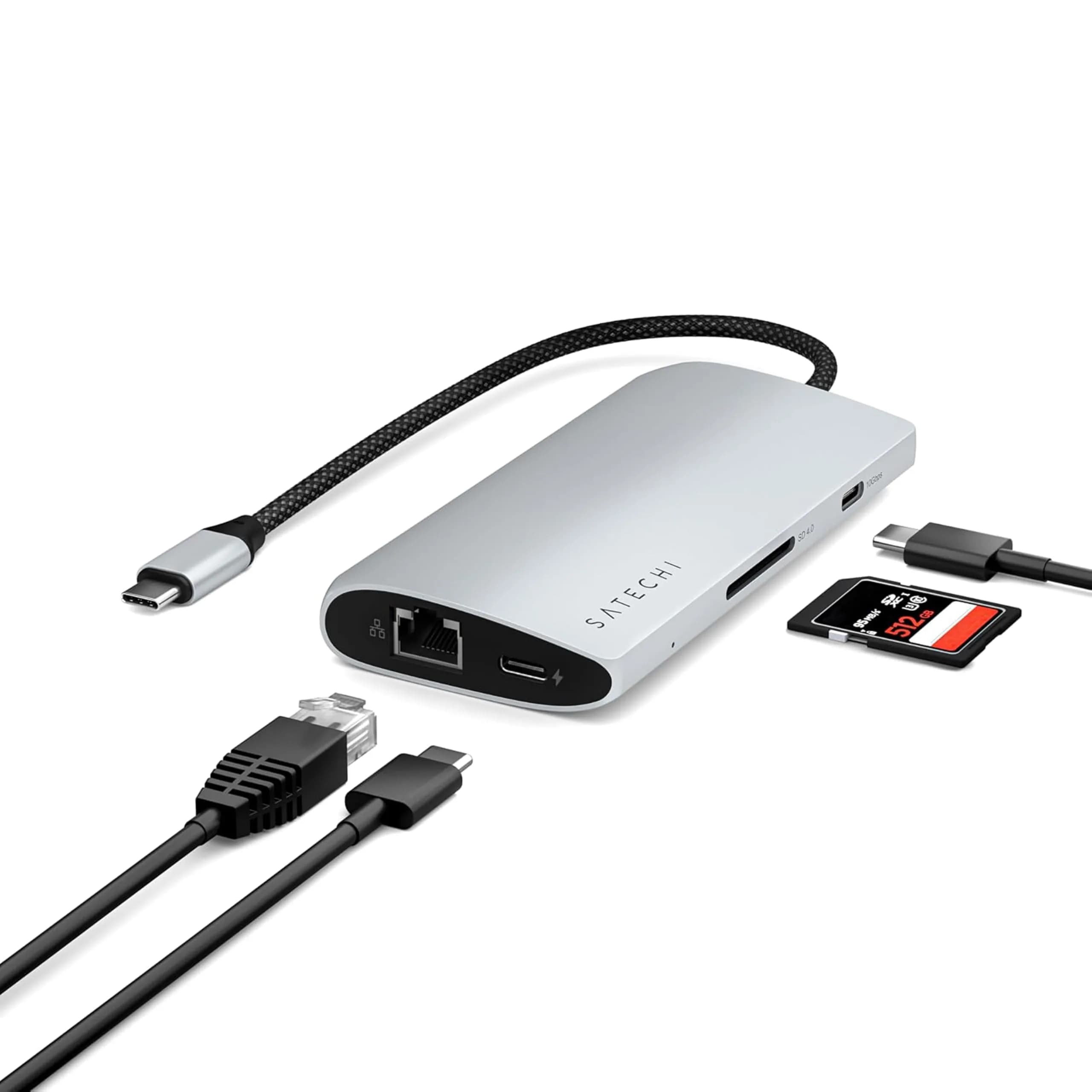 Satechi 8-in-1 USB-C Hub V3, 11.4cm (4.49in) x 5.4cm (2.13in) x 1.6cm (0.63in) | 8K HDMI, 100W PD Charging, 10Gbps Data, Ethernet, SD Card Reader, Silver - main product image