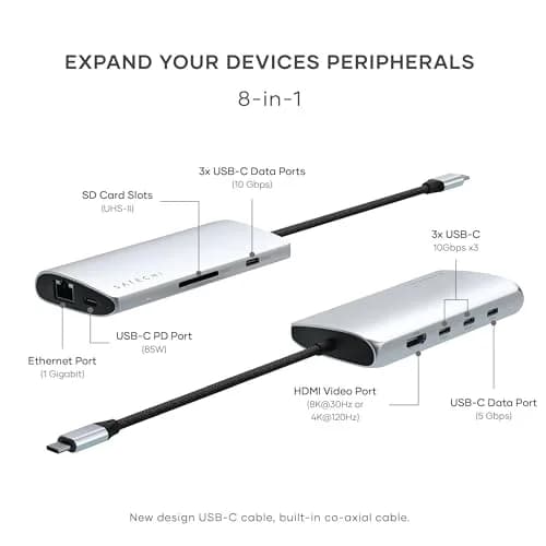 Satechi 8-in-1 USB-C Hub V3, 11.4cm (4.49in) x 5.4cm (2.13in) x 1.6cm (0.63in) | 8K HDMI, 100W PD Charging, 10Gbps Data, Ethernet, SD Card Reader, Silver thumbnail 2